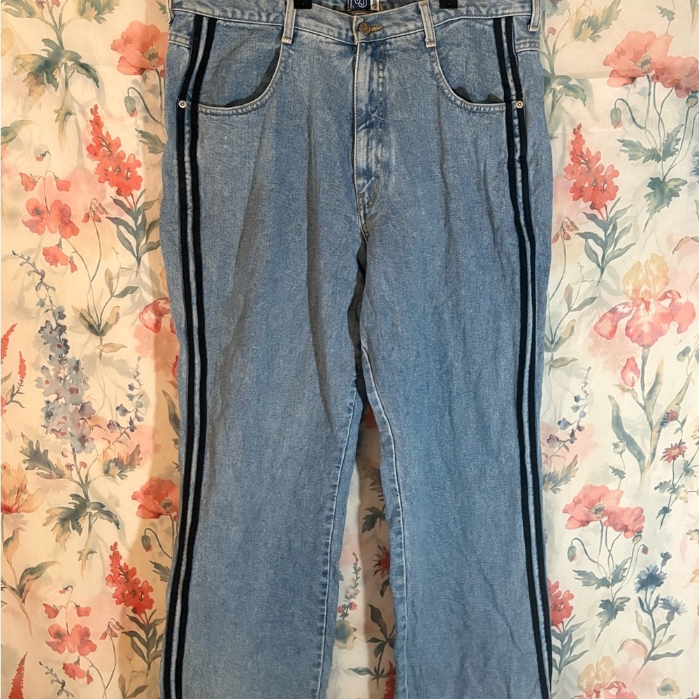 Women's Blue Wide Leg Jeans with Black Stripes